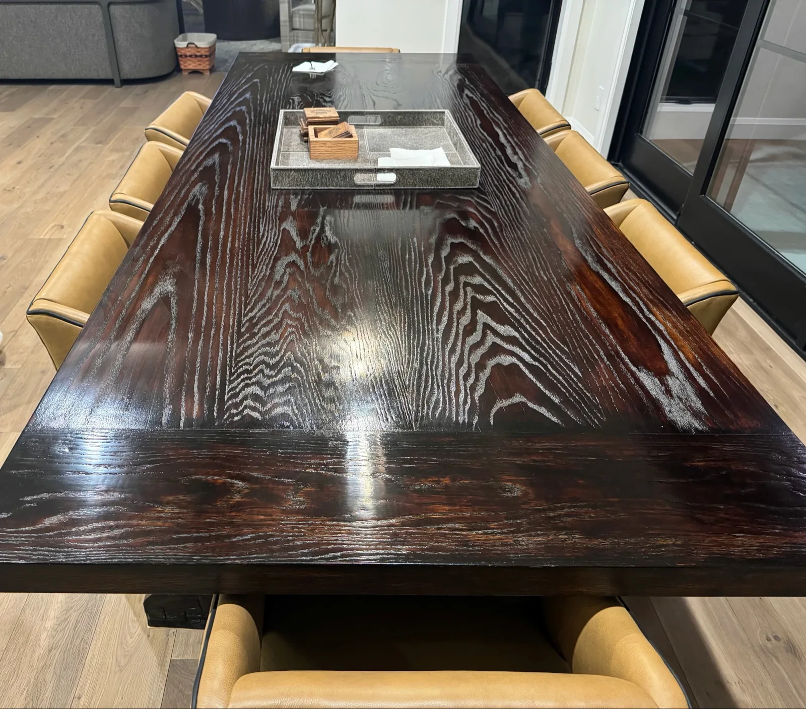 Cerused oak dining table with leather chairs — custom furniture for a Napa Valley home